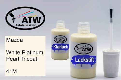 Mazda, White Platinum Pearl Tricoat, 41M: 20ml Lackstift + 20ml Klarlack - Set, von ATW Autoteile West.